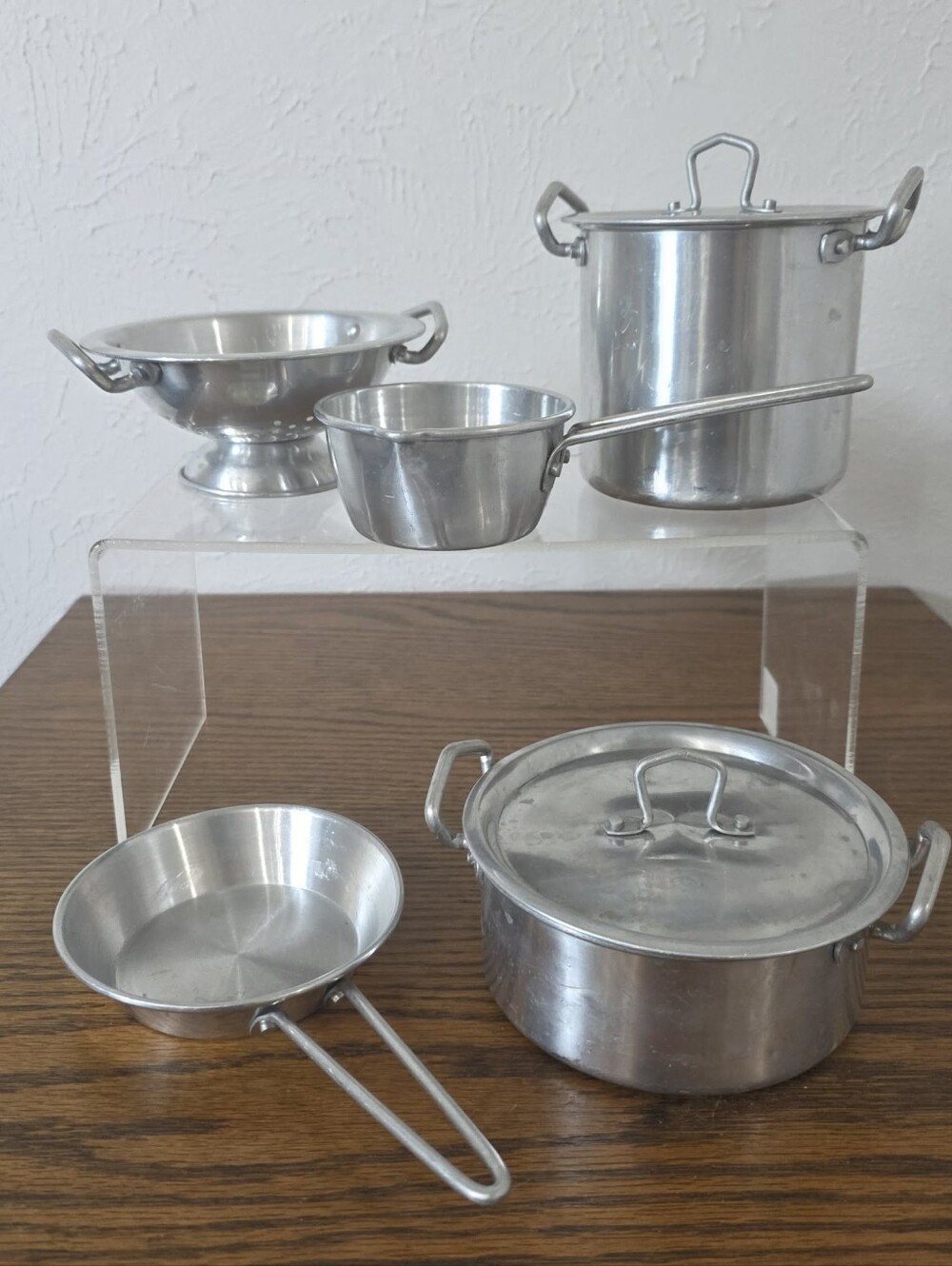 Vintage Miniature Metal Toy Cookware Set Aluminum Child Toy Pots Pans Colander